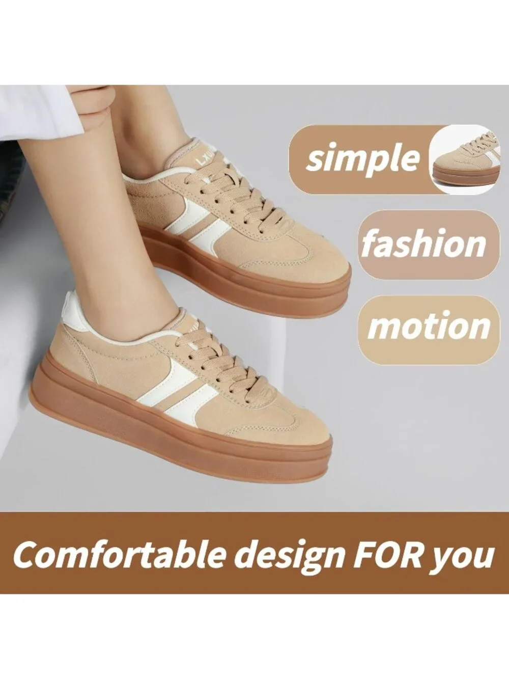 🆕Women's Khaki Gum Sole Fashion Sneakers Thick Platform Sole Rubber Shoes